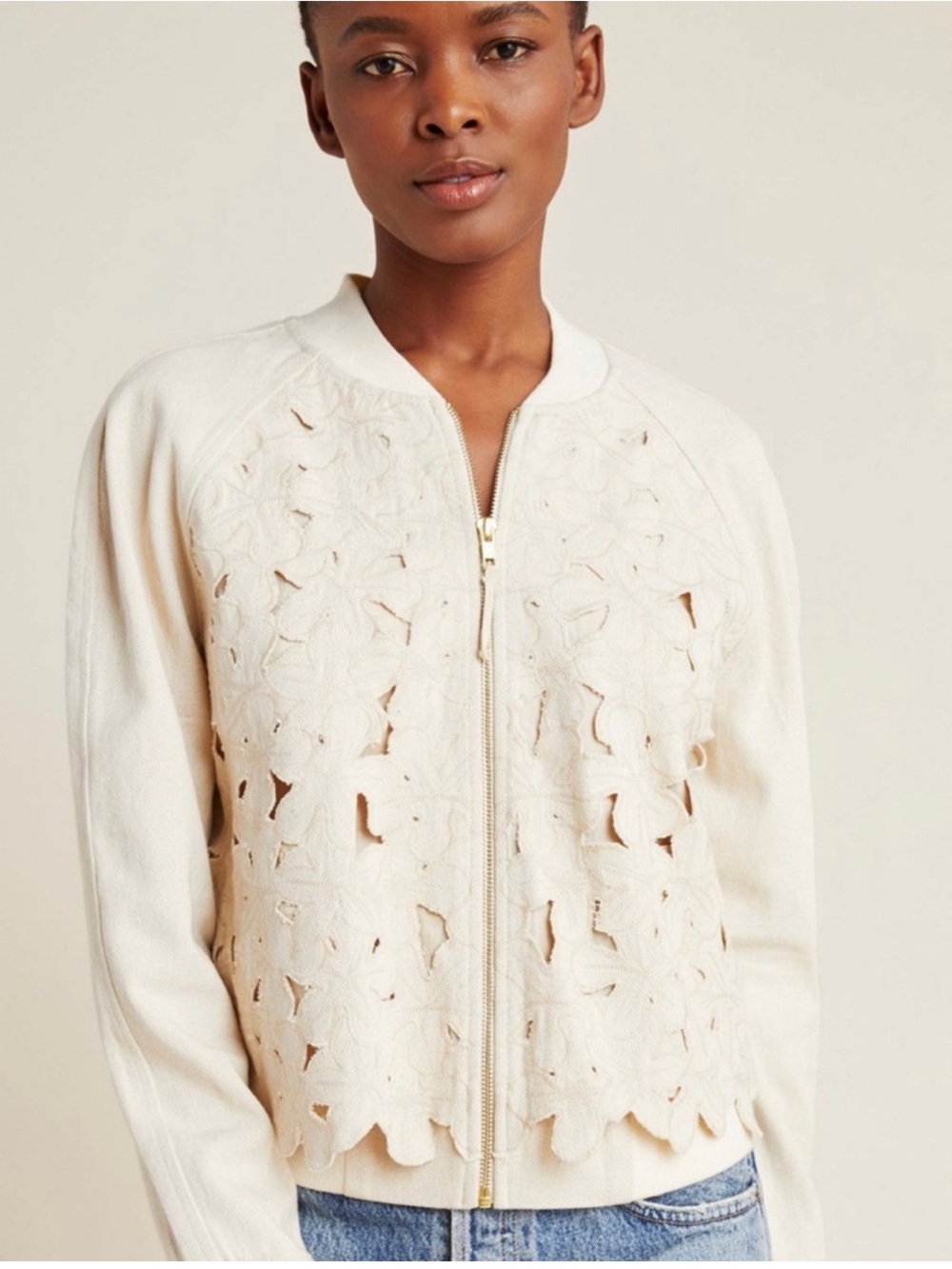 Anthropologie Nina Cream Cutout Embroidered Zip Cardigan